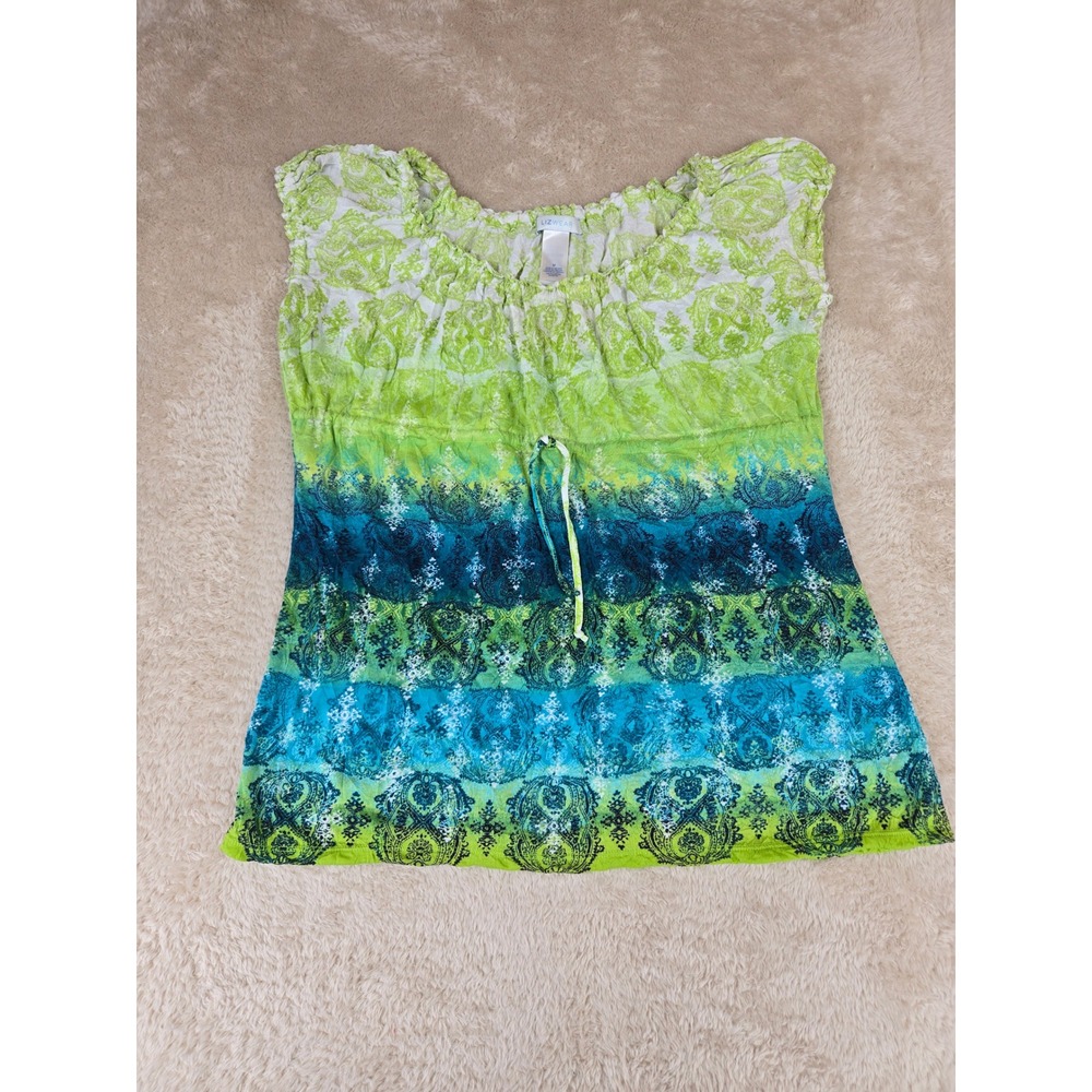 Lizwear Womens Medium Green Blue Ombre Paisley Medallion Drawstring Waist Top